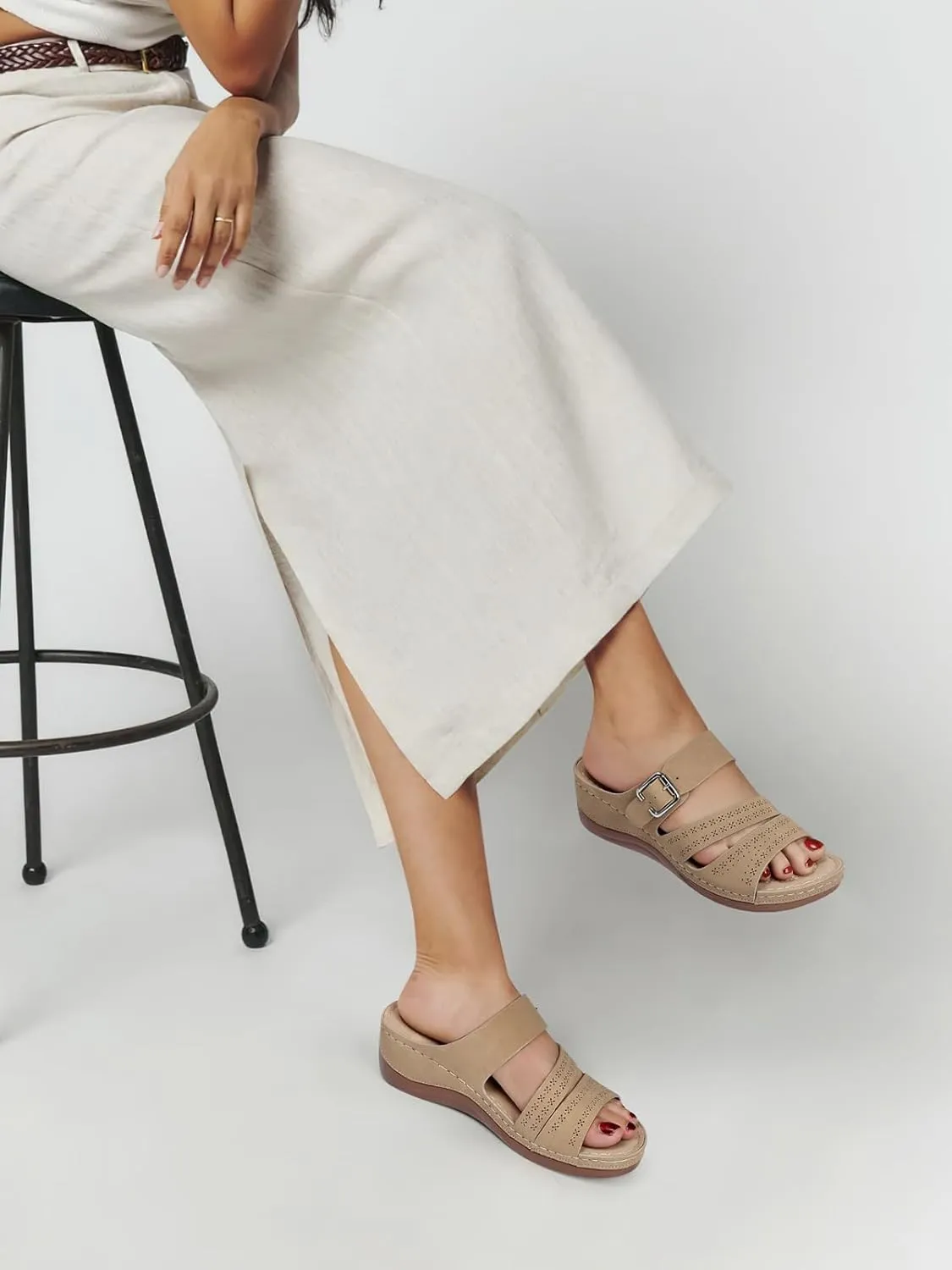 TEMOFON Wedge Sandals for Women Comfortable: Slip On Sandals Women Dressy Summer Flat Sandals Size 5-11