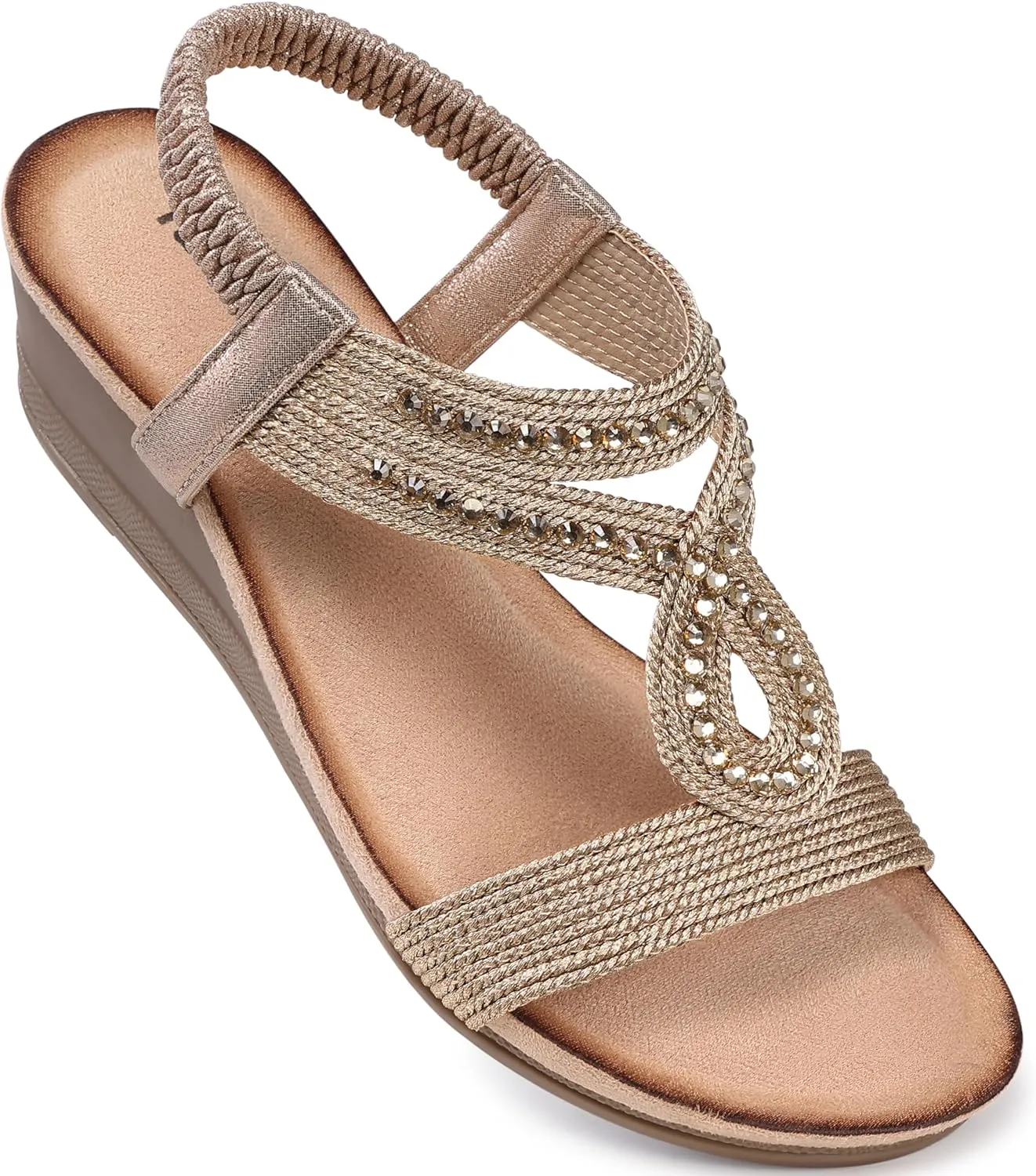 TEMOFON Wedge Sandals for Women Dressy: Low Wedge Sandals Women Comfortable Dressy Walking - Summer Casual Elastic Strappy Open Toe Rhinestone Shoes