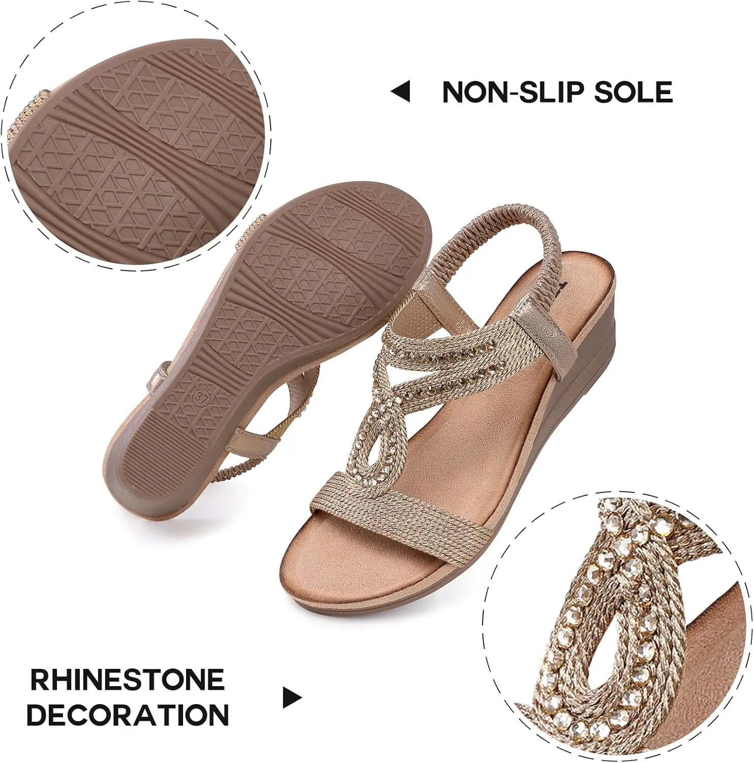 TEMOFON Wedge Sandals for Women Dressy: Low Wedge Sandals Women Comfortable Dressy Walking - Summer Casual Elastic Strappy Open Toe Rhinestone Shoes