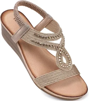 TEMOFON Wedge Sandals for Women Dressy: Low Wedge Sandals Women Comfortable Dressy Walking - Summer Casual Elastic Strappy Open Toe Rhinestone Shoes
