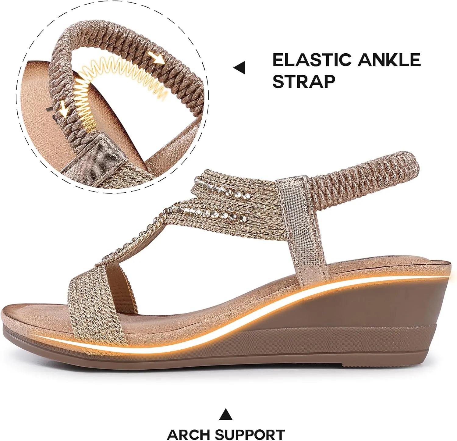 TEMOFON Wedge Sandals for Women Dressy: Low Wedge Sandals Women Comfortable Dressy Walking - Summer Casual Elastic Strappy Open Toe Rhinestone Shoes