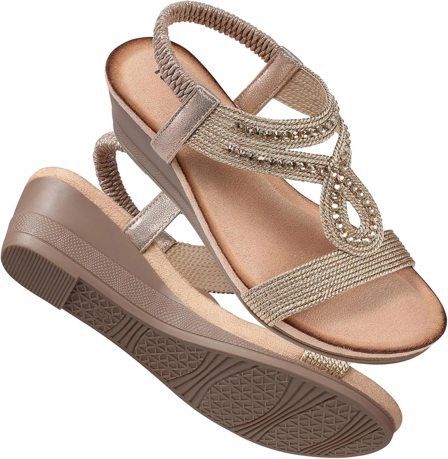 TEMOFON Wedge Sandals for Women Dressy: Low Wedge Sandals Women Comfortable Dressy Walking - Summer Casual Elastic Strappy Open Toe Rhinestone Shoes