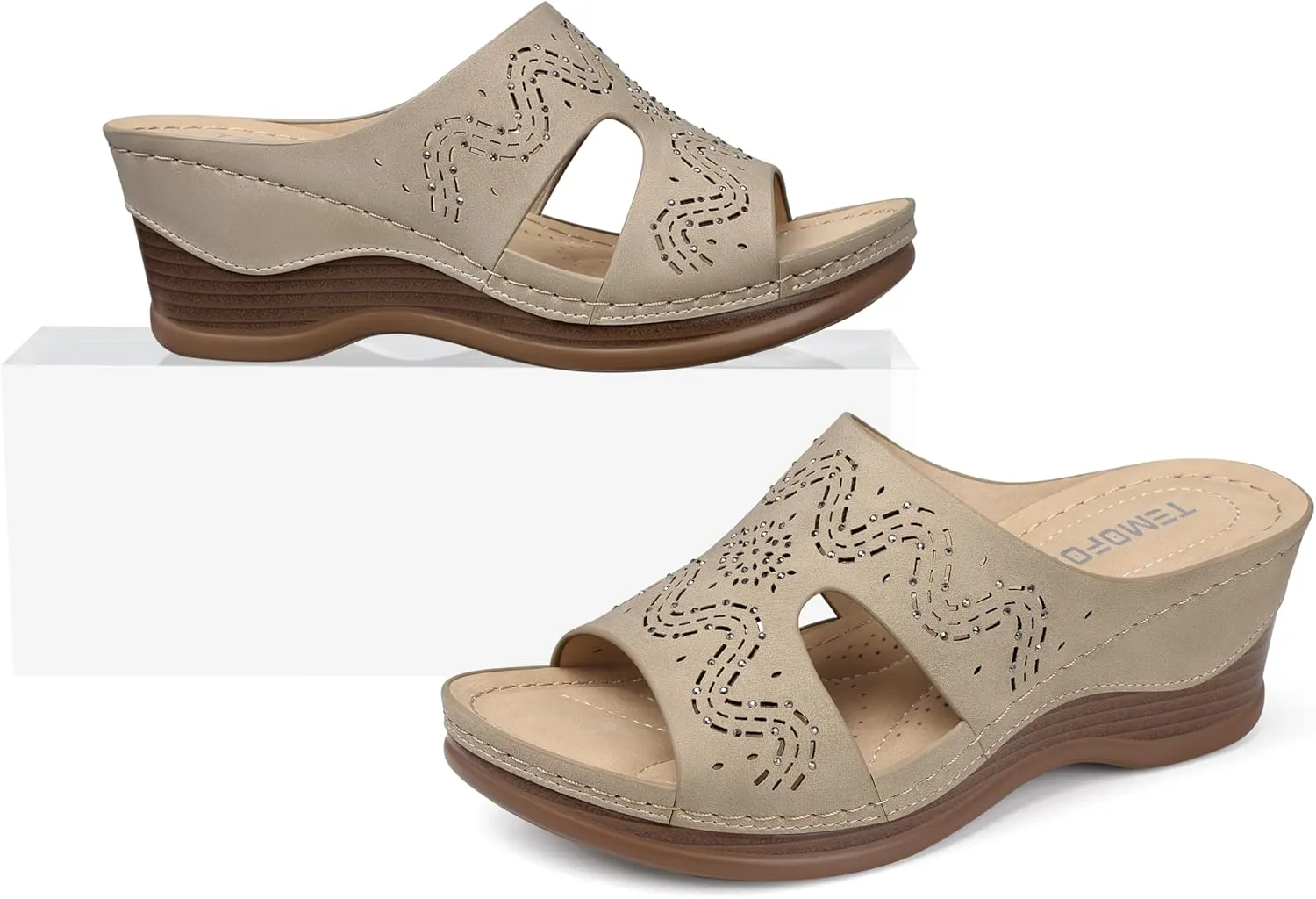 TEMOFON Women Wedge Sandals Summer: Comfortable Walking, Rubber Sole, Soft Leather, Dressy Casual Slip on Sandal Shoes Size 5-11