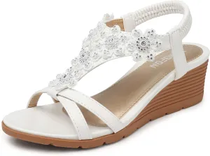 TEMOFON Women's Low Wedge Heels Summer Dressy Platform Sandals Elastic Ankle Strap Open Toe Flower Shoes