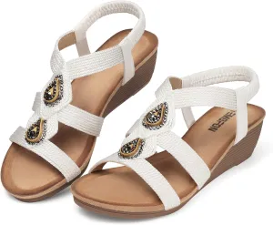 TEMOFON Womens Wedge Dressy Sandals: Elastic Ankle Strap Sandals - Summer Beach Open Toe - Comfortable Walking Sandals Size 5-11