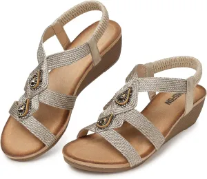 TEMOFON Womens Wedge Dressy Sandals: Elastic Ankle Strap Sandals - Summer Beach Open Toe - Comfortable Walking Sandals Size 5-11
