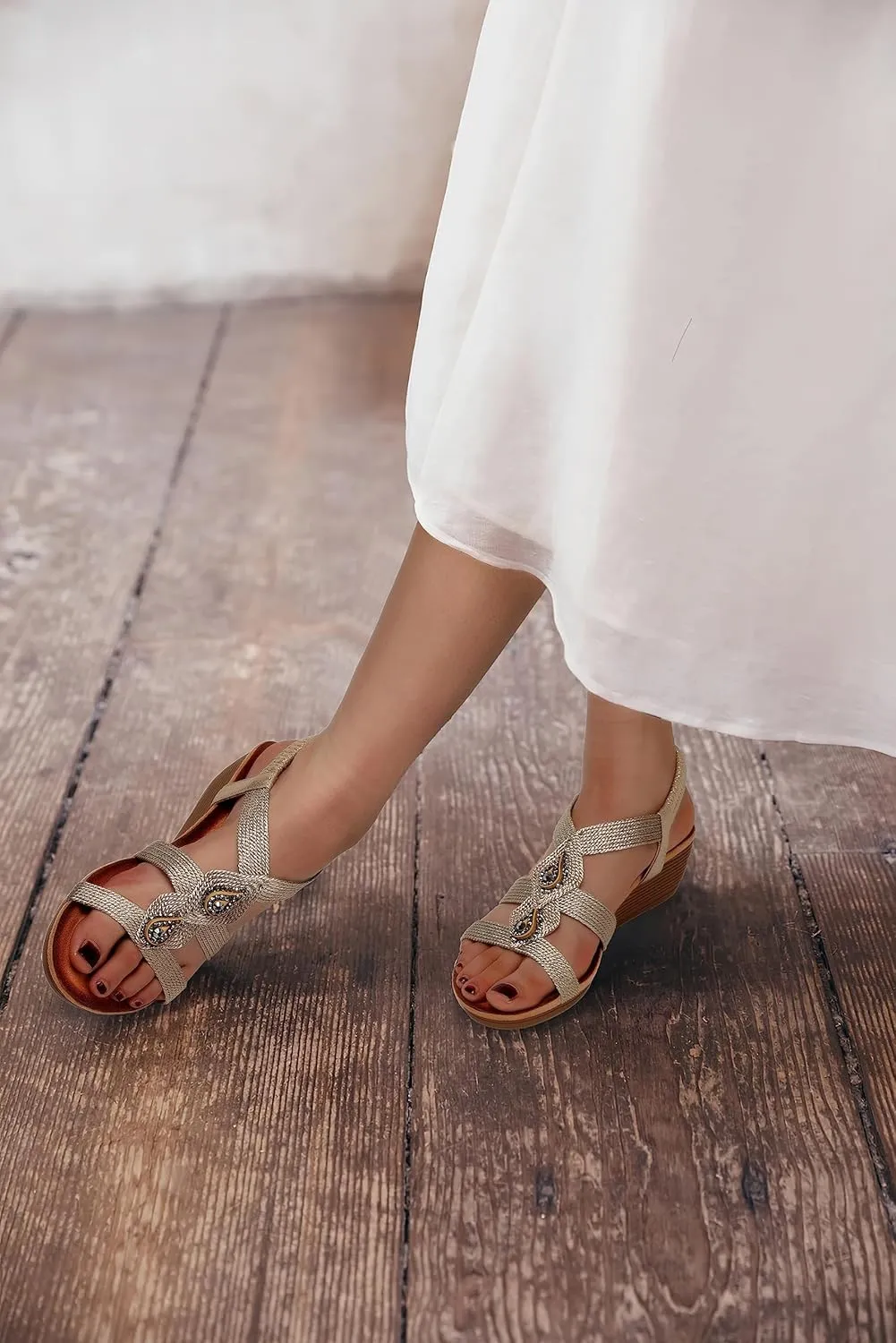 TEMOFON Womens Wedge Dressy Sandals: Elastic Ankle Strap Sandals - Summer Beach Open Toe - Comfortable Walking Sandals Size 5-11