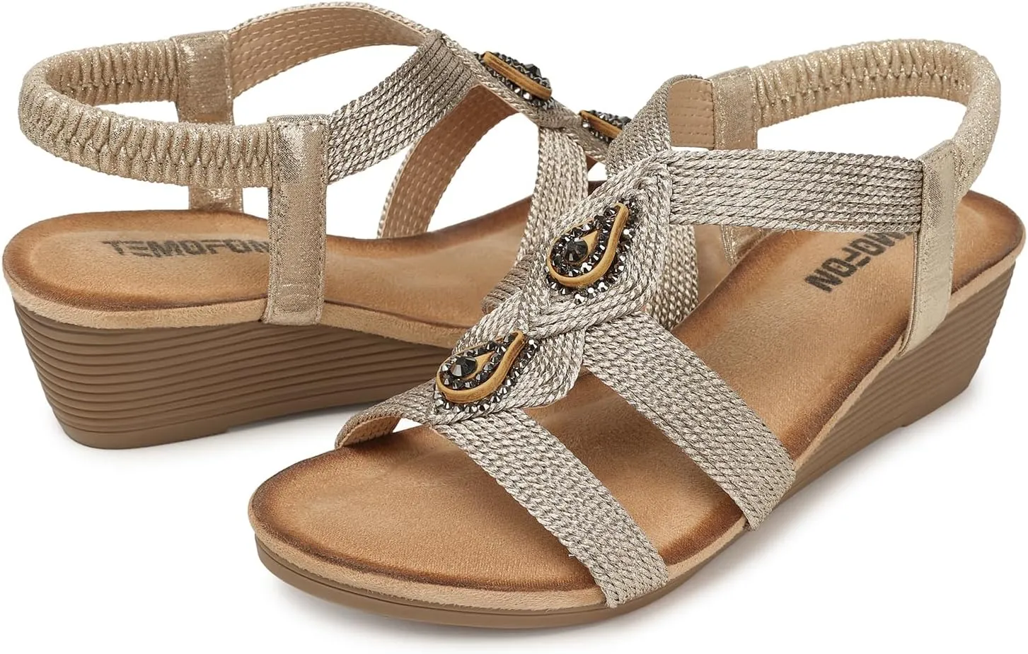 TEMOFON Womens Wedge Dressy Sandals: Elastic Ankle Strap Sandals - Summer Beach Open Toe - Comfortable Walking Sandals Size 5-11