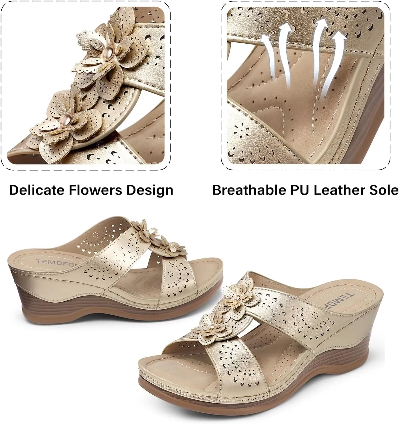 TEMOFON Womens Wedge Sandals Leather: Dressy Sandal, Rubber Sole, Comfortable Walking, Casual Slip on Summer Shoes, Size 5-11