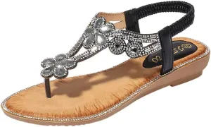 Thong Sandals for Women Beach,Bohemia Floral Flat Sandals T-Strap Summer Beach Glitter Beaded Elastic Flip-Flop Thong Shoes