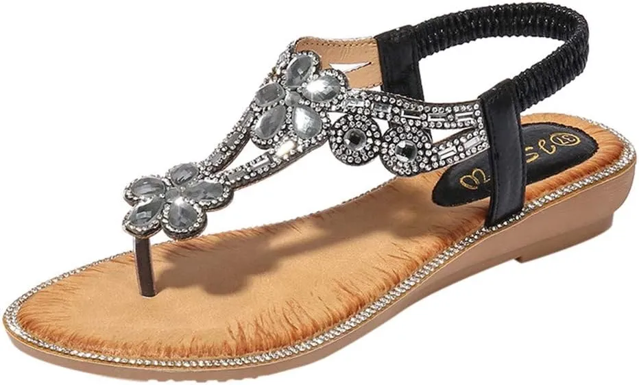 Thong Sandals for Women Beach,Bohemia Floral Flat Sandals T-Strap Summer Beach Glitter Beaded Elastic Flip-Flop Thong Shoes