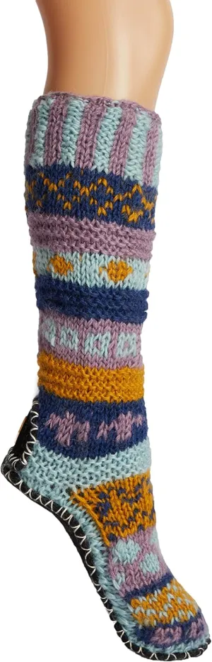Tibetan Socks Hand Knit Wool Fleece Lined Long Slipper Socks with Non Slip Soles