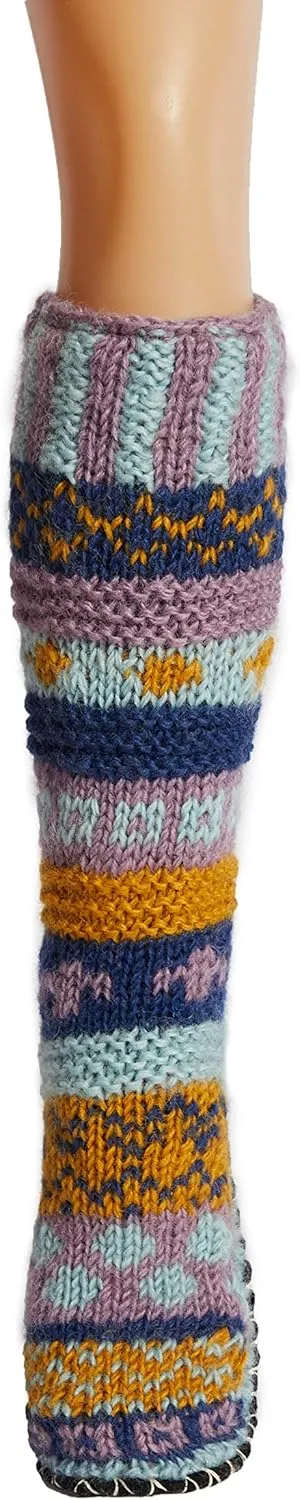 Tibetan Socks Hand Knit Wool Fleece Lined Long Slipper Socks with Non Slip Soles