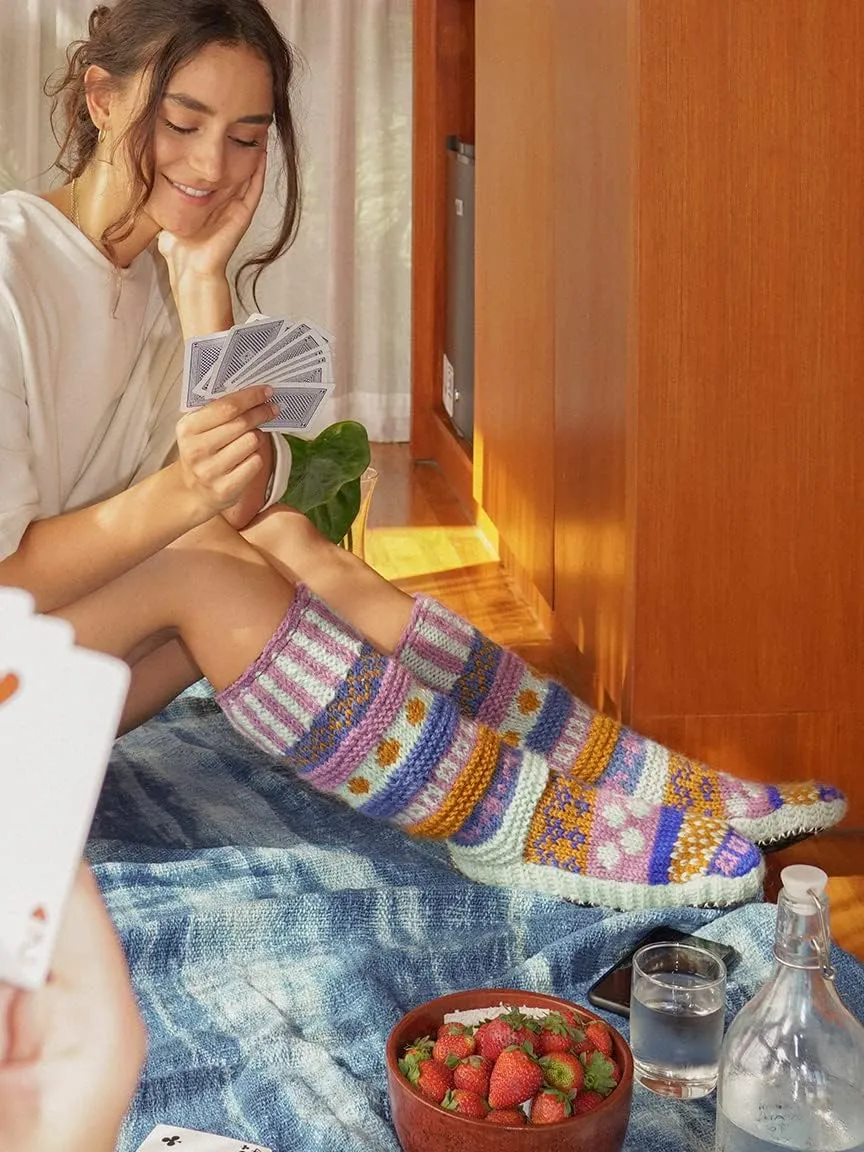 Tibetan Socks Hand Knit Wool Fleece Lined Long Slipper Socks with Non Slip Soles