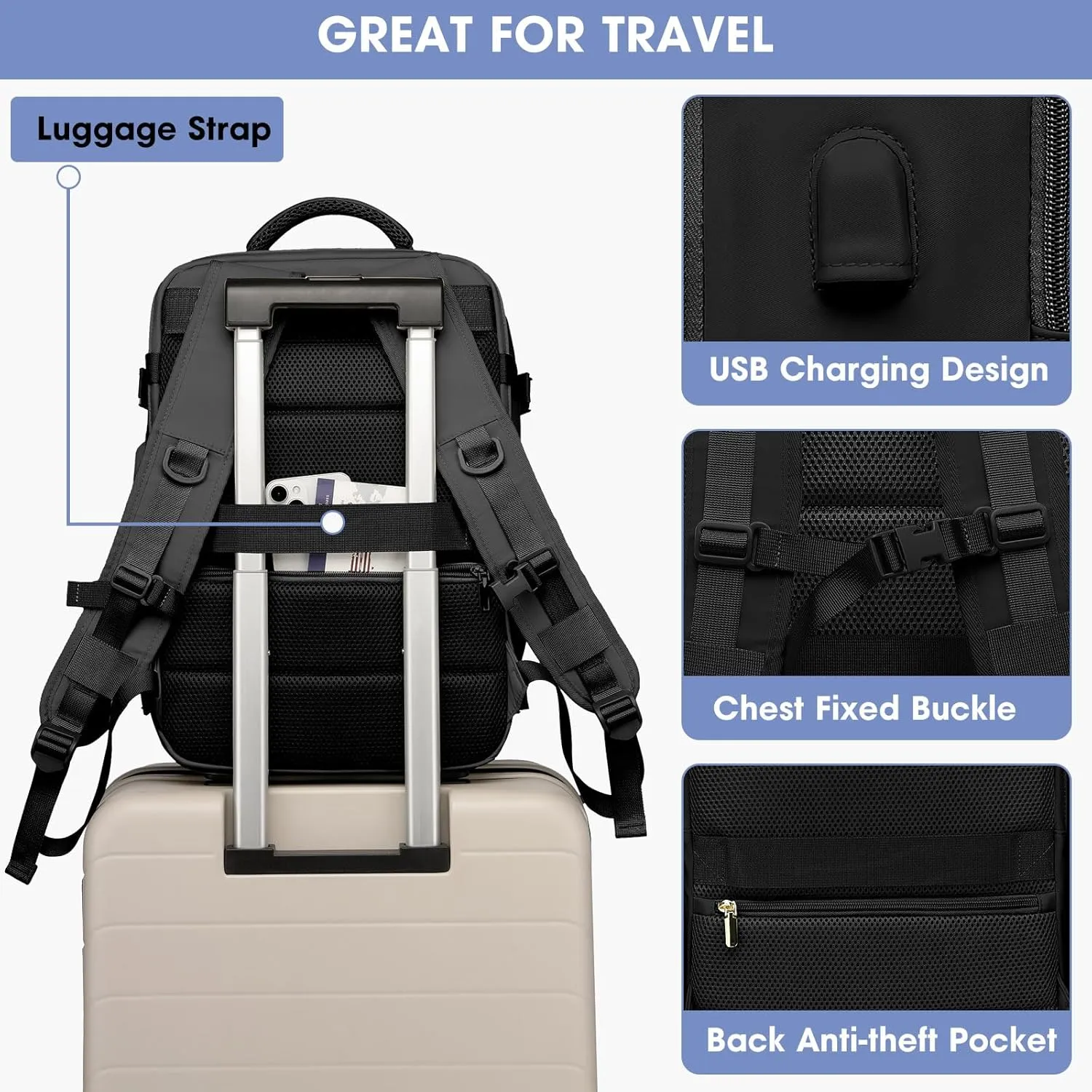 Travel Backpack for Women, TSA Carry On Backpack Flight Approved Luggage, 35L Water Resistant Personal Item Daypack Large Weekender Bag fit 17 inch Laptop with Shoe Bag, Black