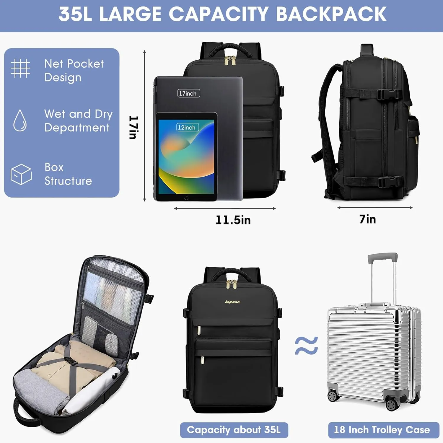 Travel Backpack for Women, TSA Carry On Backpack Flight Approved Luggage, 35L Water Resistant Personal Item Daypack Large Weekender Bag fit 17 inch Laptop with Shoe Bag, Black