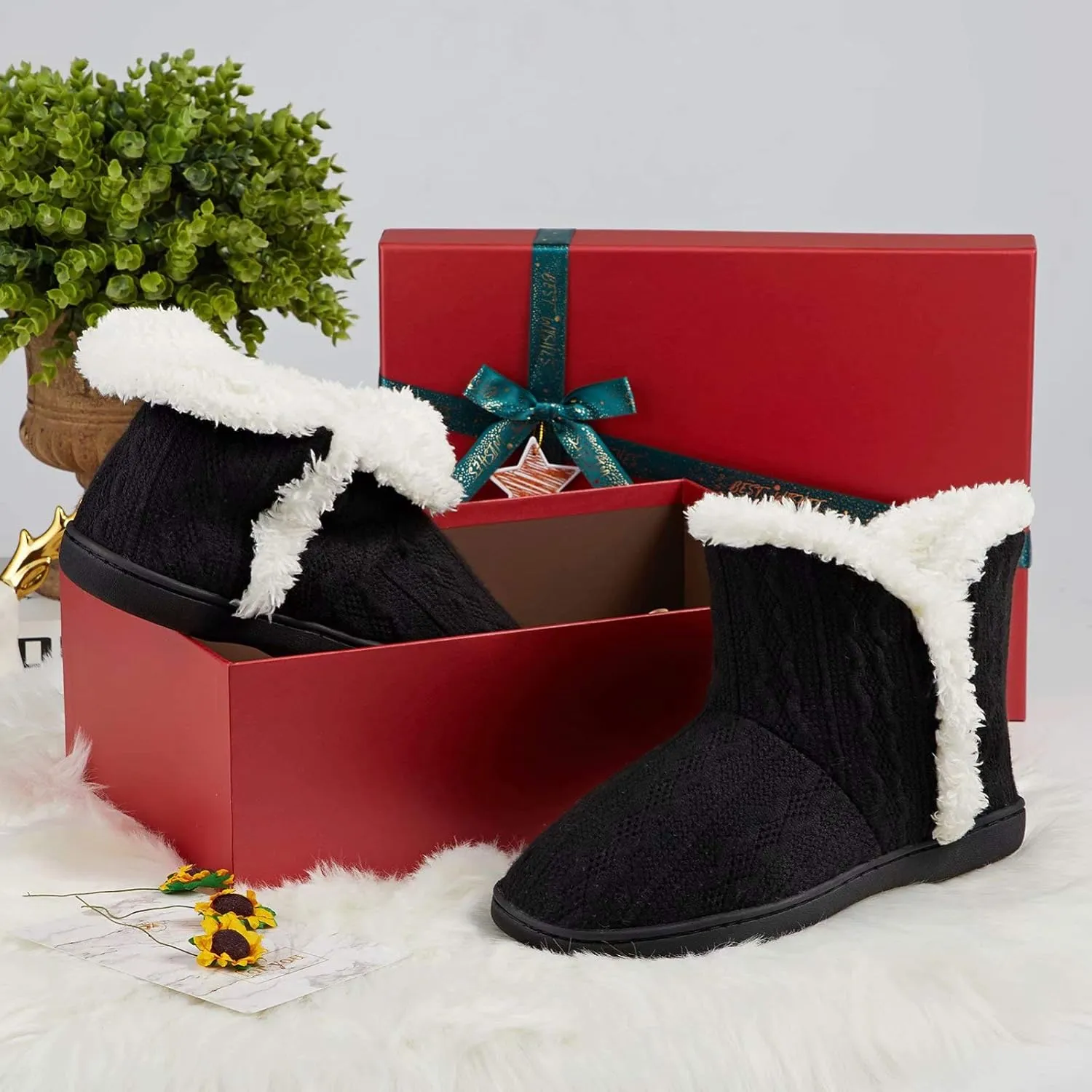 TUOBUQU Women Warm Bootie Slippers Fluffy Plush Indoor Outdoor Winter Booty Slippers