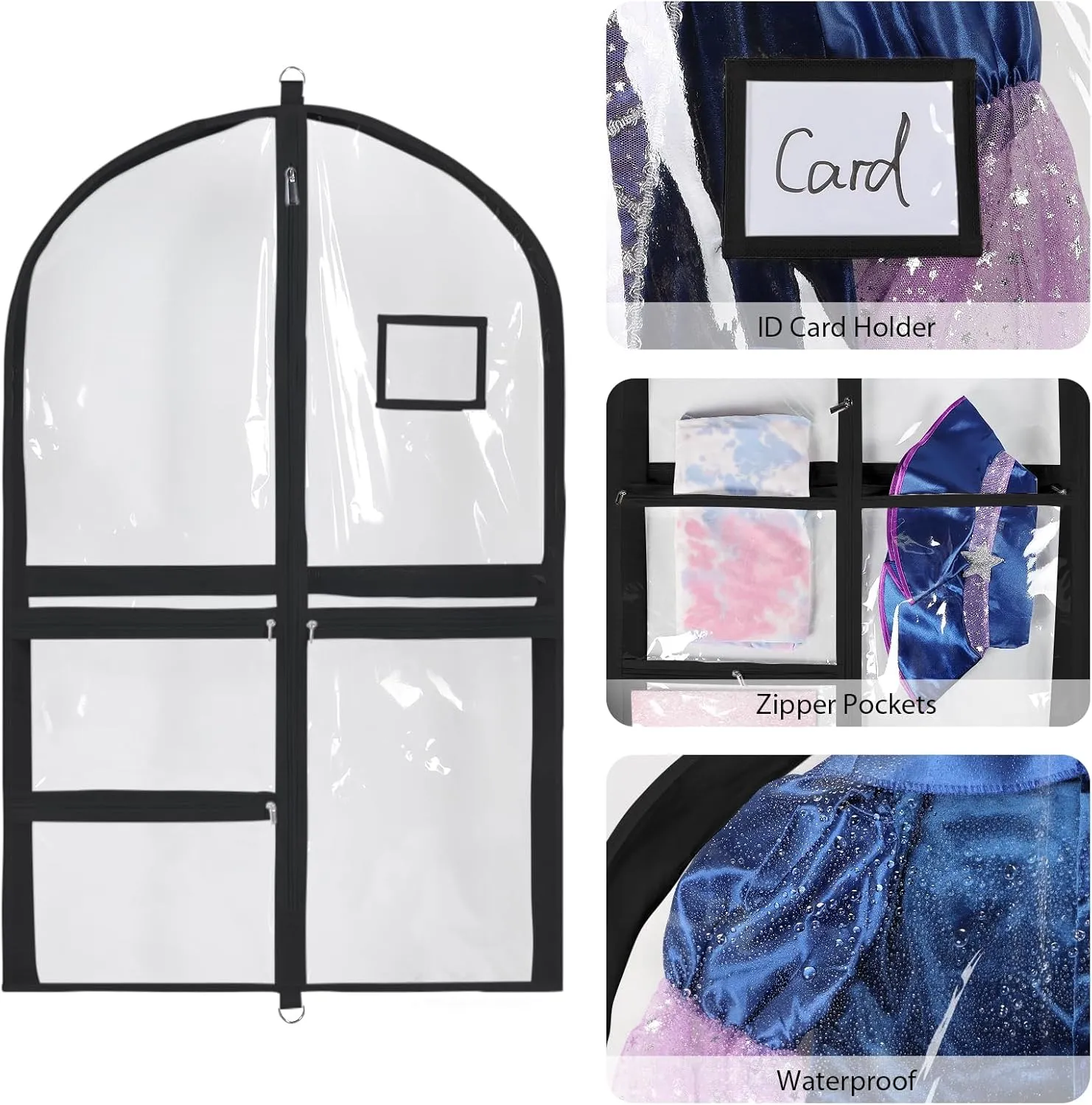 Univivi Clear PVC Dance Costume Bags, 35 Inch Garment Bag for Dance Competitions, with 3 Seperated Medium Clear Zipper Pockets and 1 Large Back Zippered Pocket (Clear/Black)