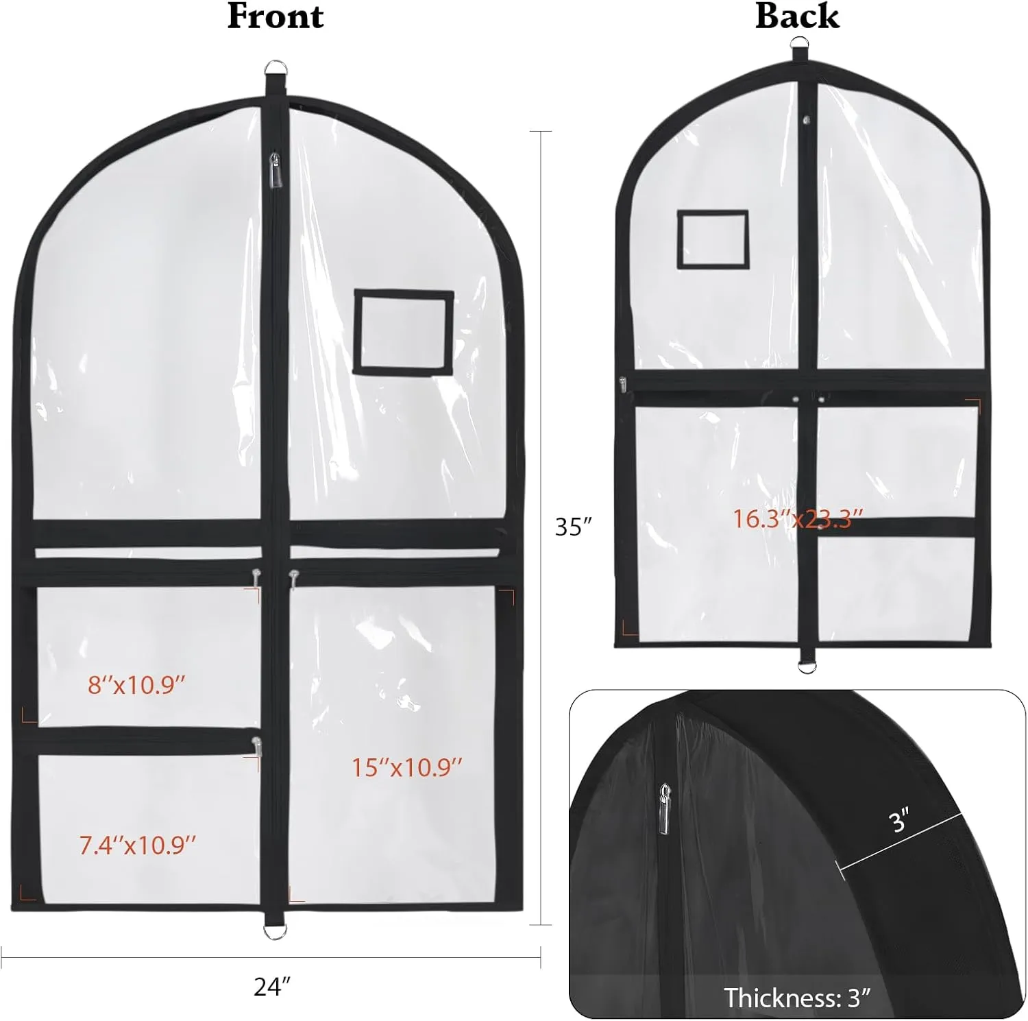 Univivi Clear PVC Dance Costume Bags, 35 Inch Garment Bag for Dance Competitions, with 3 Seperated Medium Clear Zipper Pockets and 1 Large Back Zippered Pocket (Clear/Black)