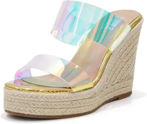 VARECOLA Women Slip On Espadrille Platform Wedge Sandals Slide Open Toe Clear High Heel Sandals
