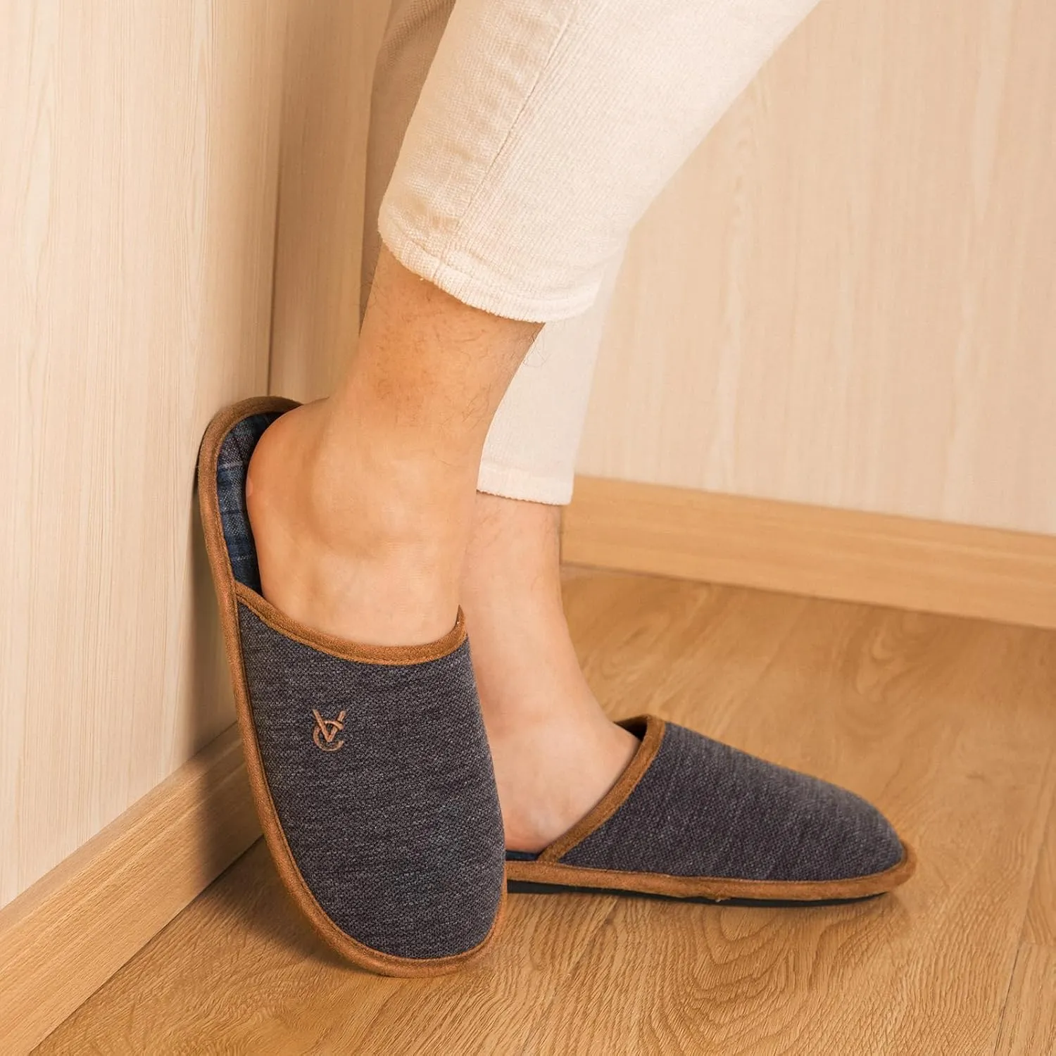 VeraCosy Mens Knitted Scottish Slippers with Soft Memory Foam Non Slip Indoor Rubber Sole