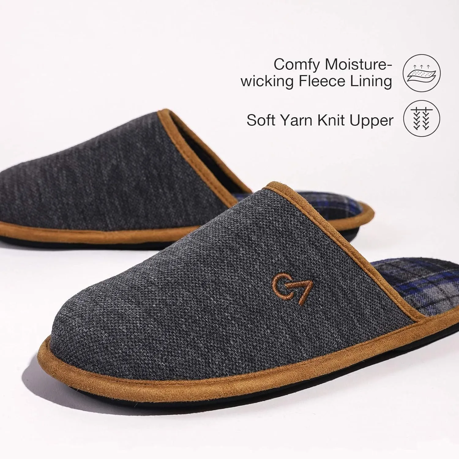 VeraCosy Mens Knitted Scottish Slippers with Soft Memory Foam Non Slip Indoor Rubber Sole