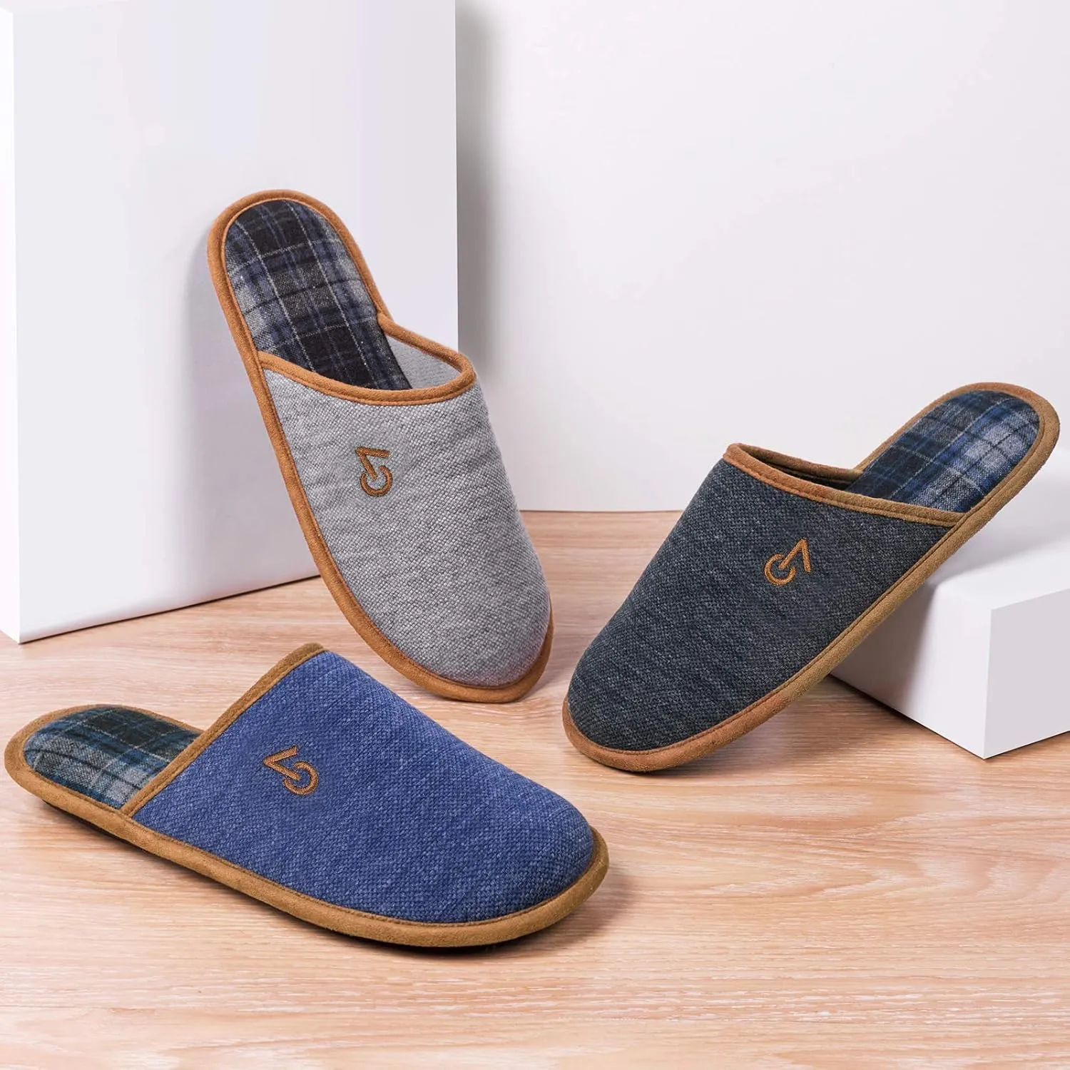 VeraCosy Mens Knitted Scottish Slippers with Soft Memory Foam Non Slip Indoor Rubber Sole