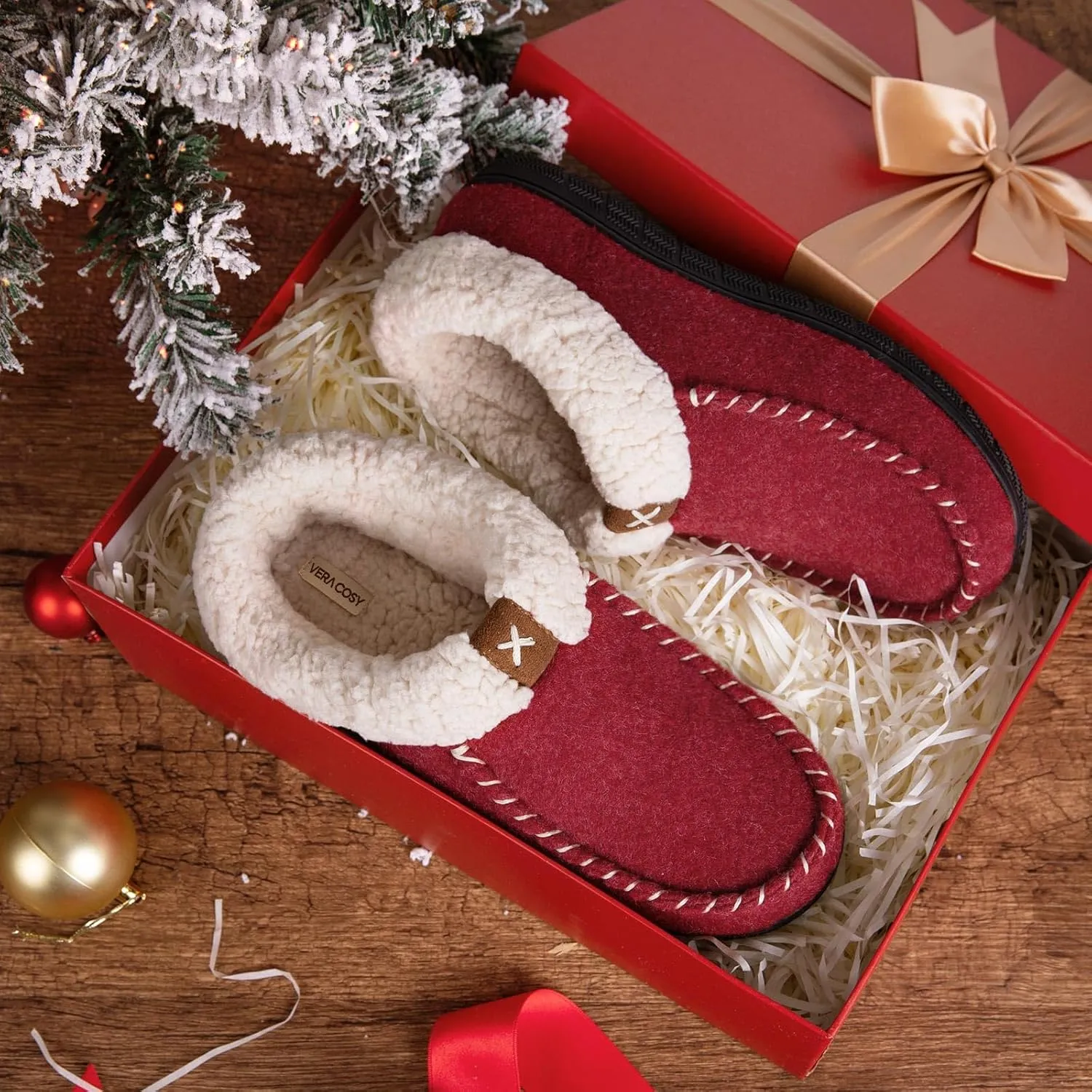 VeraCosy Women's Moccasin Slippers Warm Comfy Wool-felt Memory Foam Indoor House Shoes