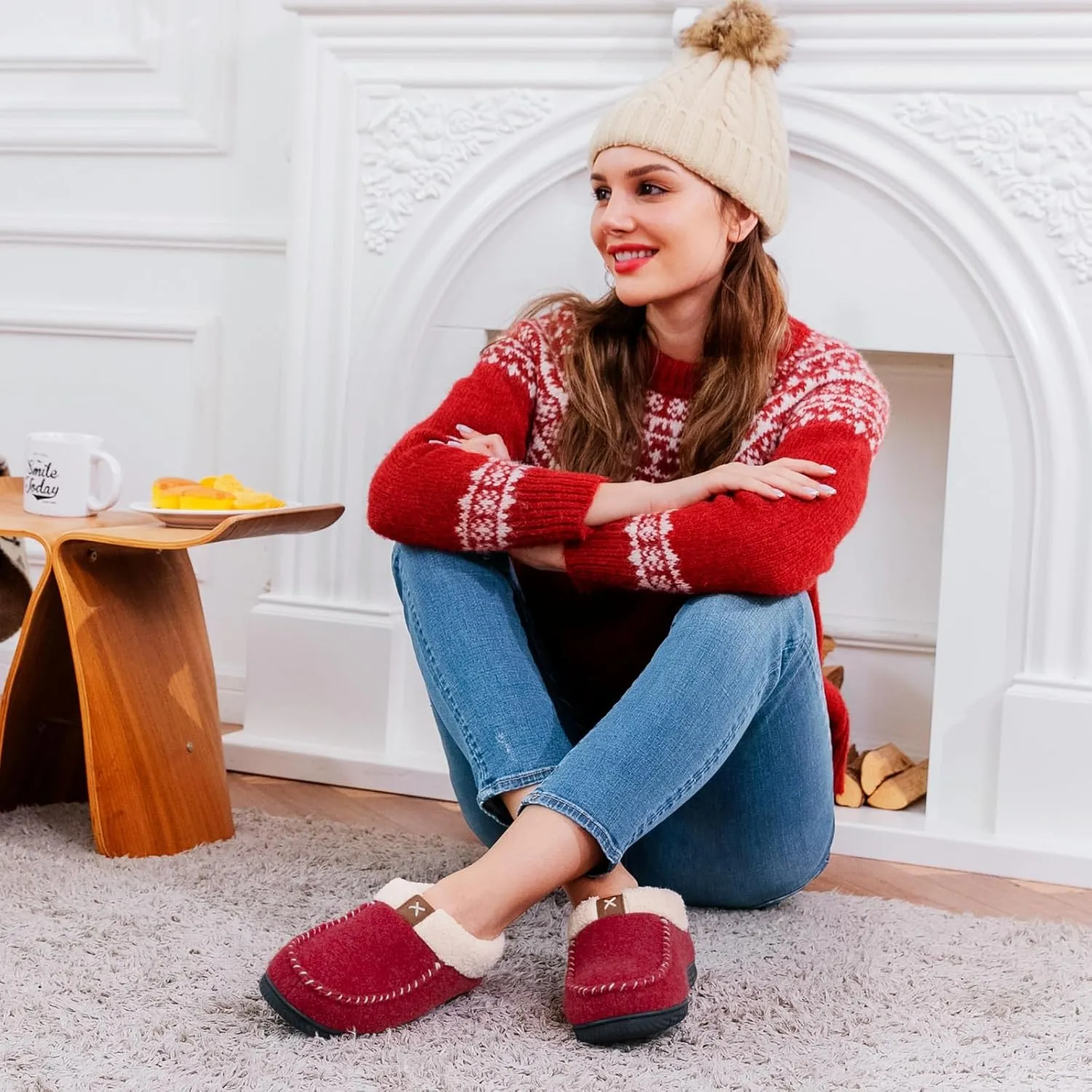 VeraCosy Women's Moccasin Slippers Warm Comfy Wool-felt Memory Foam Indoor House Shoes