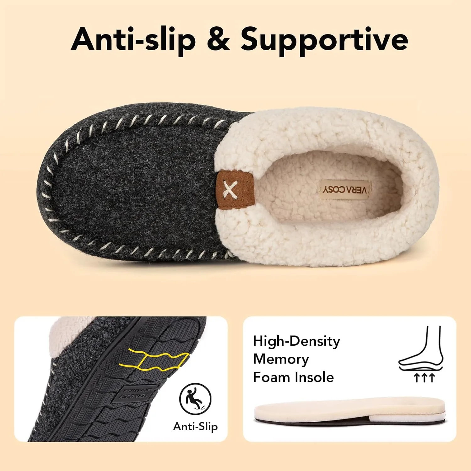 VeraCosy Women's Moccasin Slippers Warm Comfy Wool-felt Memory Foam Indoor House Shoes