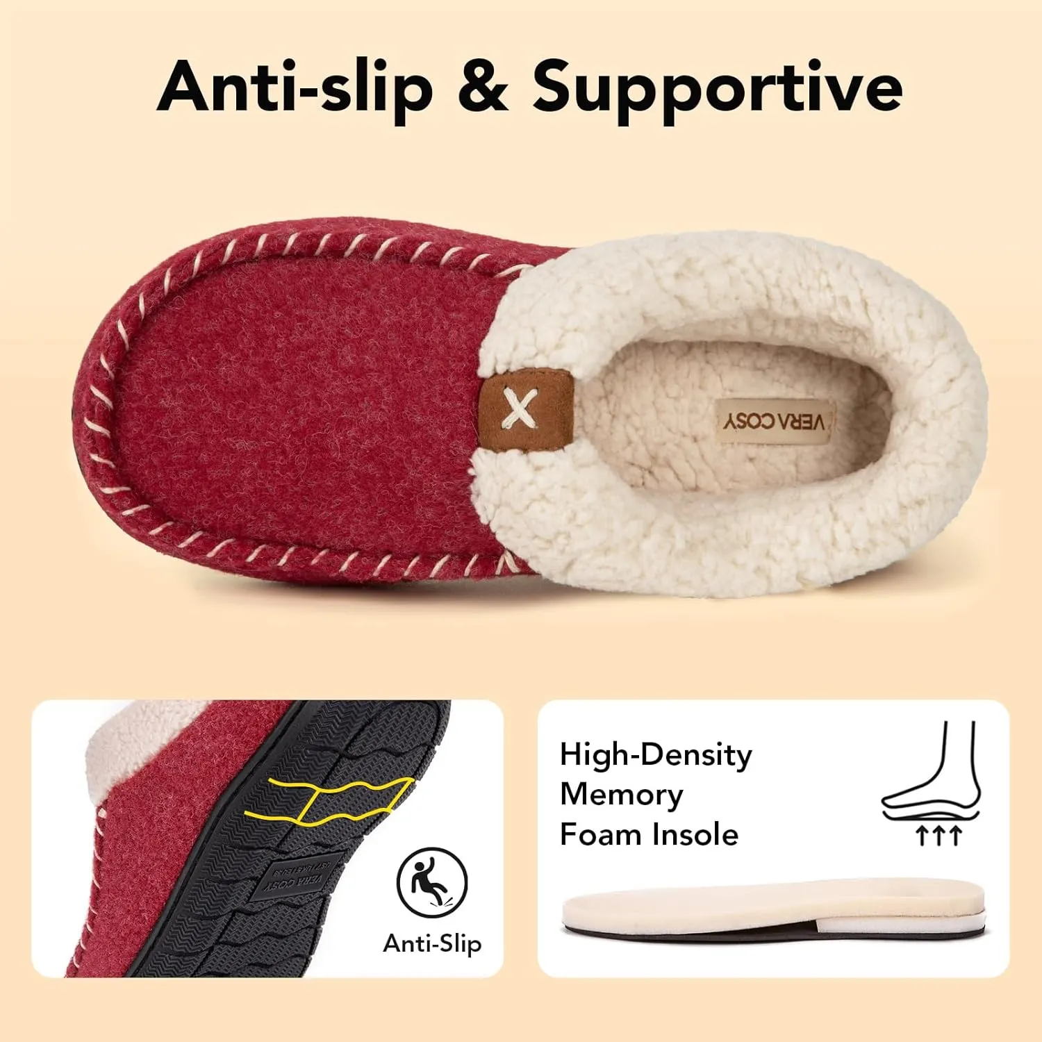 VeraCosy Women's Moccasin Slippers Warm Comfy Wool-felt Memory Foam Indoor House Shoes
