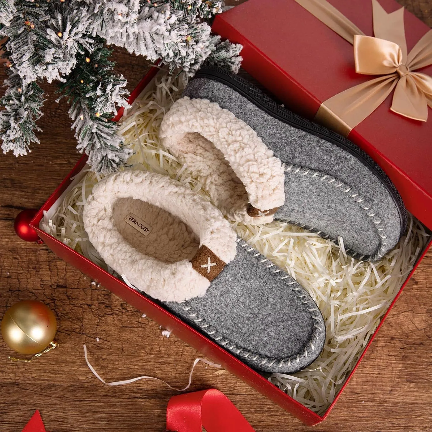 VeraCosy Women's Moccasin Slippers Warm Comfy Wool-felt Memory Foam Indoor House Shoes