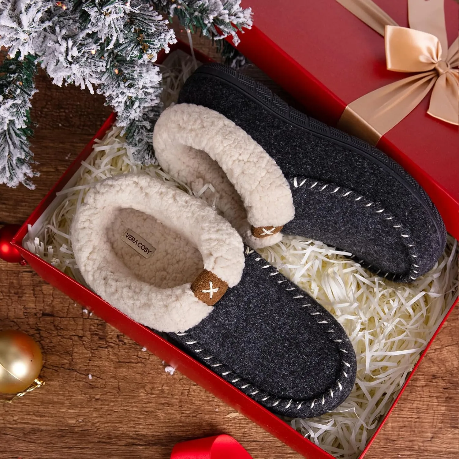 VeraCosy Women's Moccasin Slippers Warm Comfy Wool-felt Memory Foam Indoor House Shoes