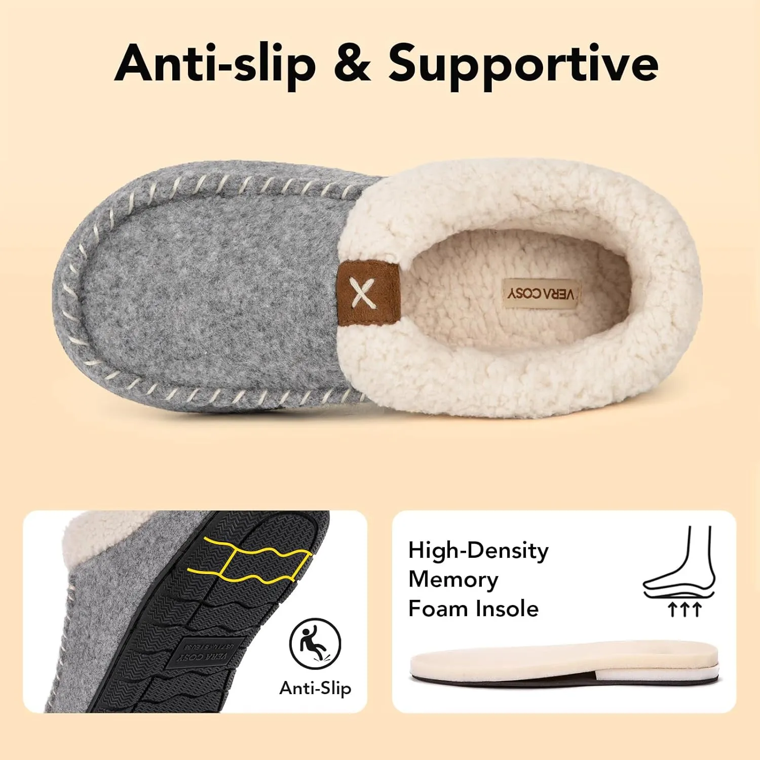 VeraCosy Women's Moccasin Slippers Warm Comfy Wool-felt Memory Foam Indoor House Shoes
