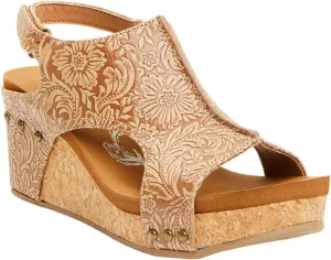 Very G Womens Isabella Tooled 2 Wedge Heel Platform Sandal, Tan