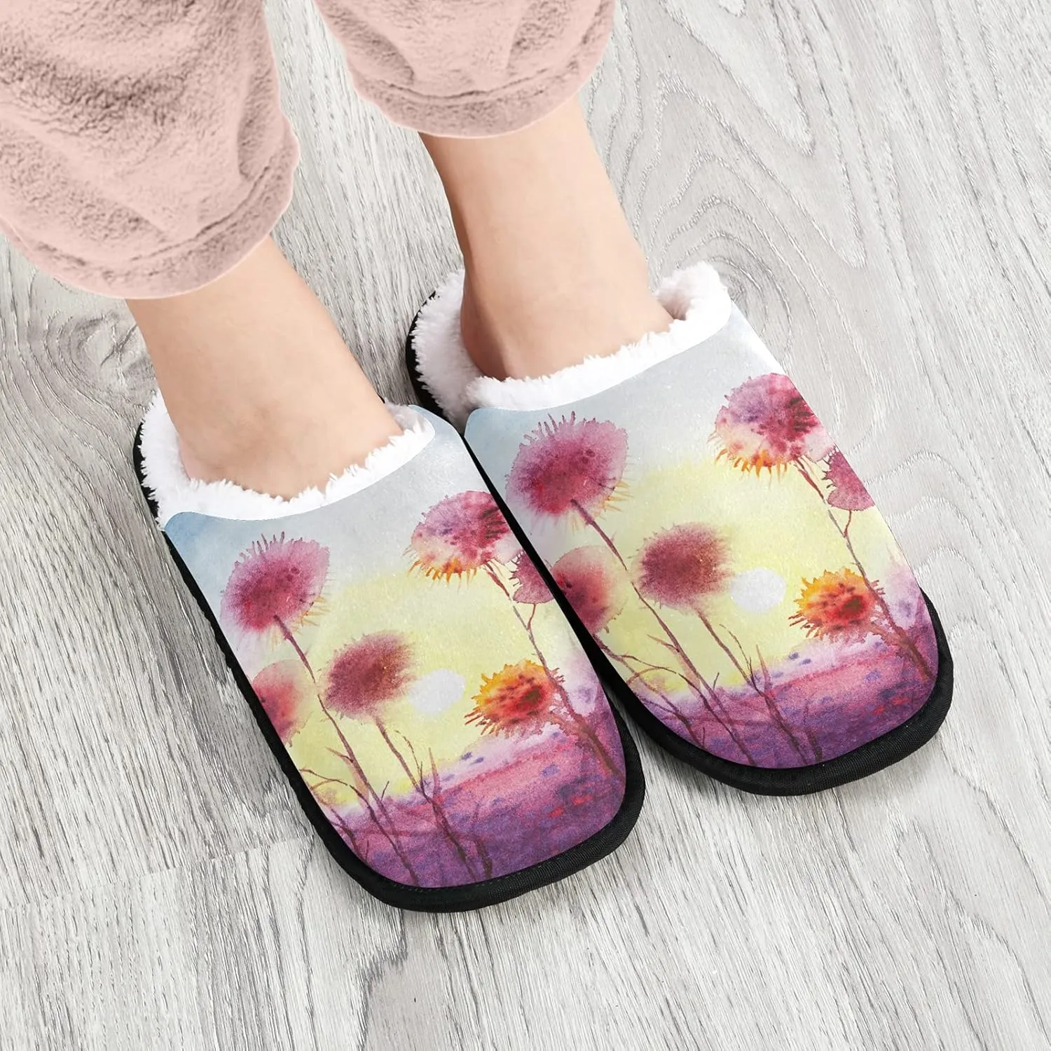 visesunny Purple Dandelions Field At Sunset Cozy Fuzzy Womens Memory Foam House Slippers Plush Fleece Indoor Outdoor Slipper