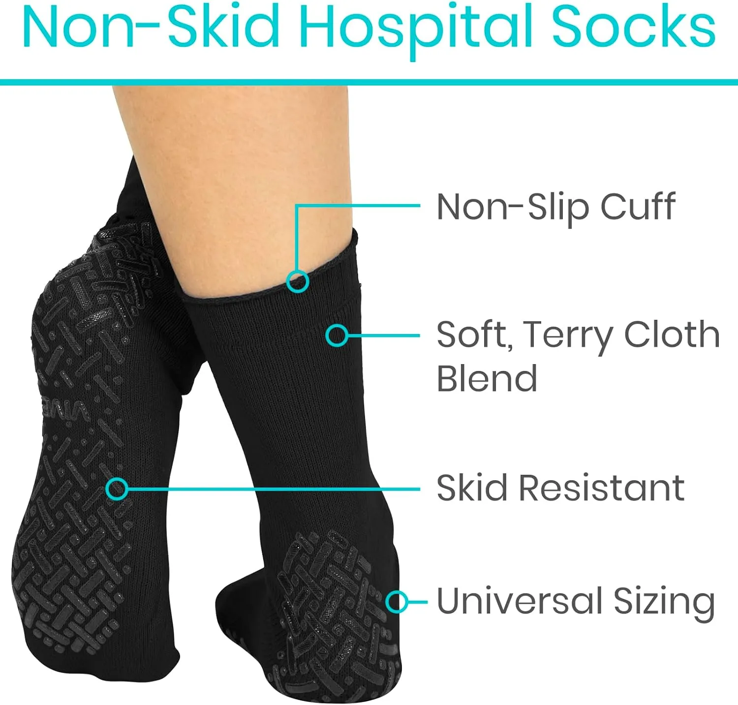 Vive Non-Slip Grip Socks (6 Pairs) - Slipper Socks for Women, Men - Anti-Slip Gripper Socks for Hospital, Yoga, Pilates