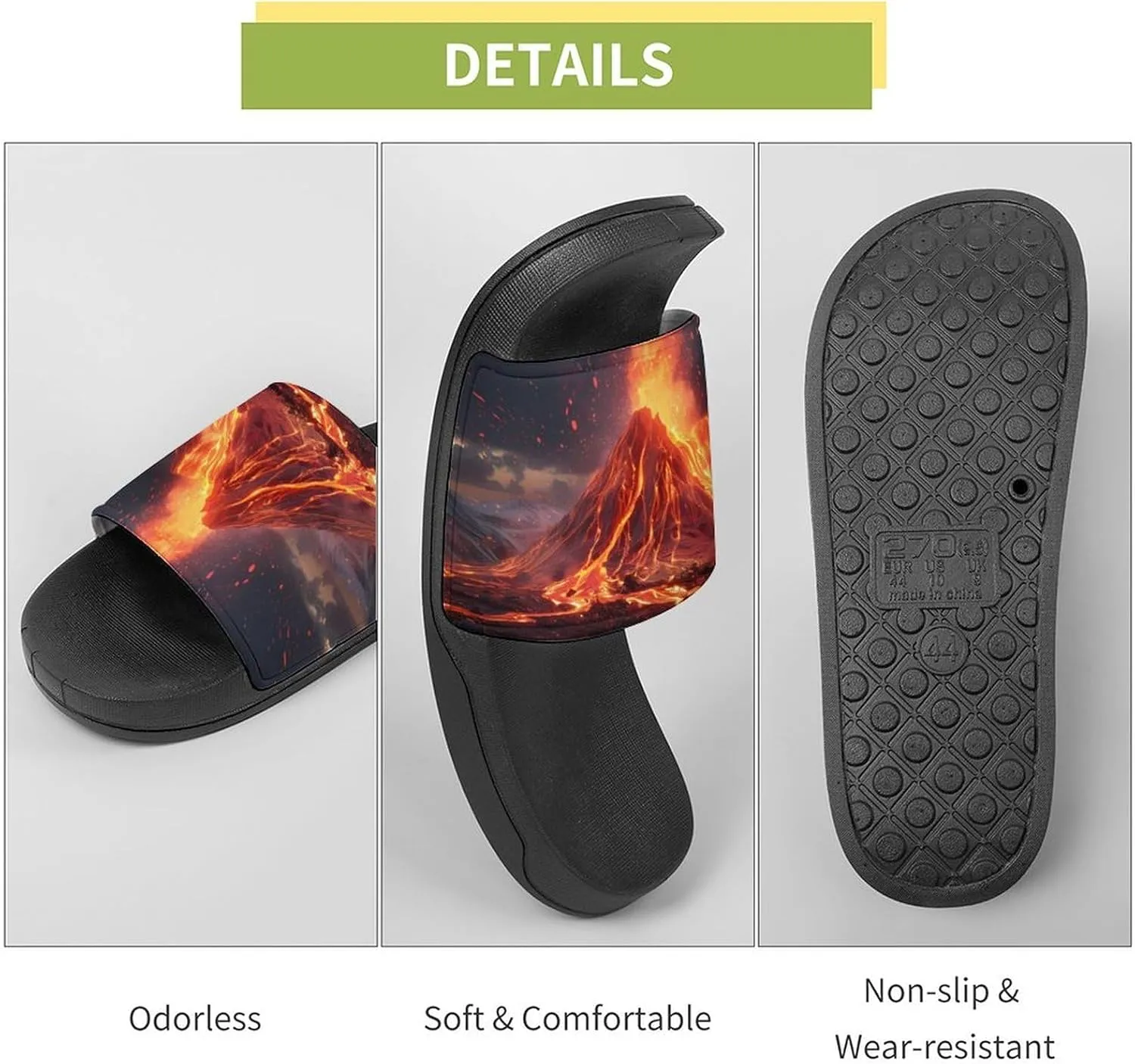 Volcano Eruption(1) Home Slipper PVC Open Toe Shower Shoes Non-Slip Bathroom Sandals Pool Sandals for Men Women