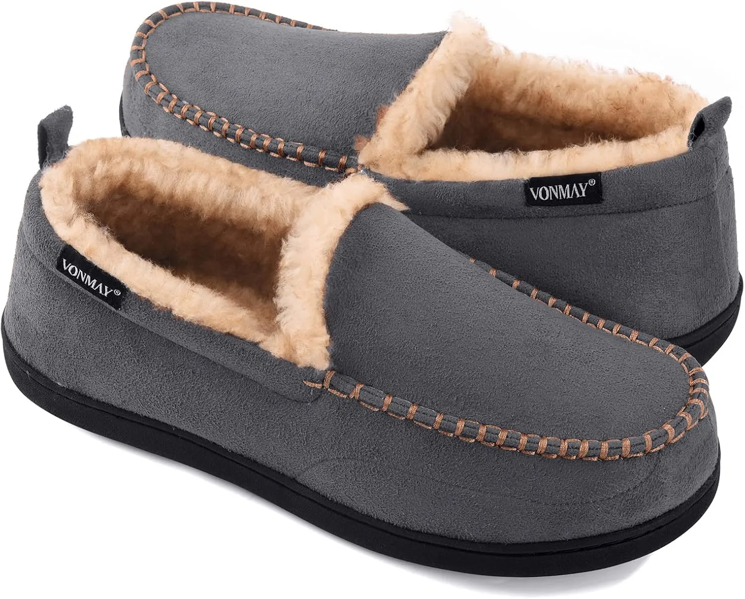 VONMAY Men's Moccasin Slippers Fuzzy House Shoes Fluffy Fur Home Warm Memory Foam Indoor Outdoor