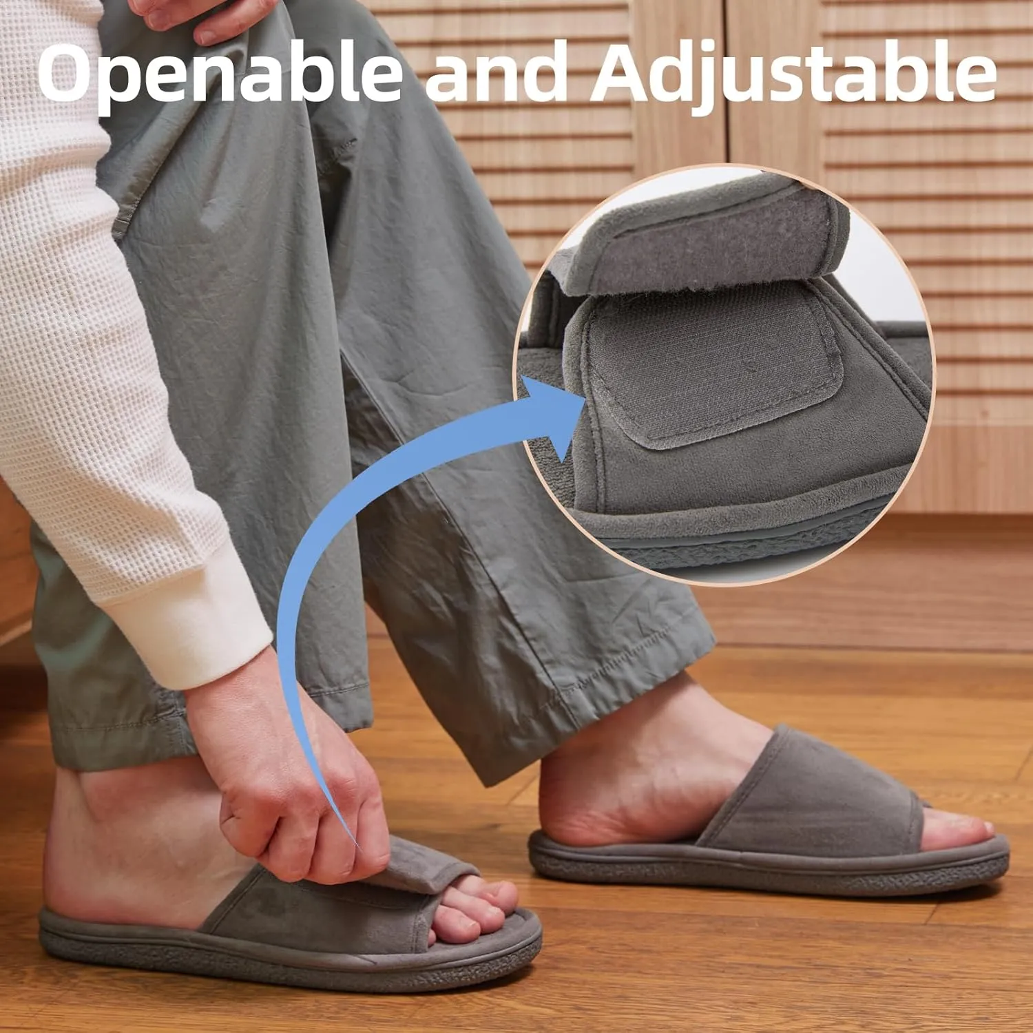 WALKFUN Men's Open Toe Slippers Adjustable Slip-on Memory Foam Indoor Slippers for Men Non Slip Outsole
