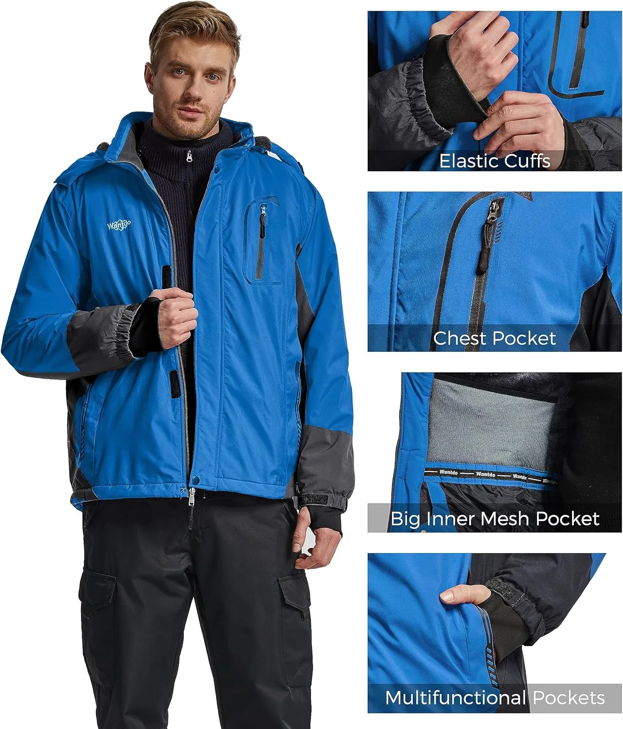 wantdo Men's Waterproof Ski Jacket Warm Winter Snow Jacket Snowboarding Jacket with Hood
