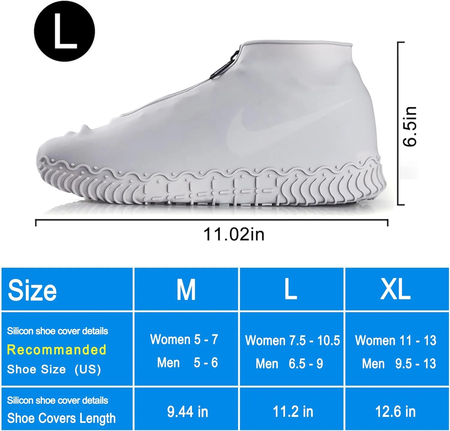Waterproof Shoe Covers, Silicone Reusable Shoe Cover Non-slip Durable Zipper Elastic Rain Cover Protection for Men Women (L (Women 7.5-10.5, Men 6.5-9), Grey)