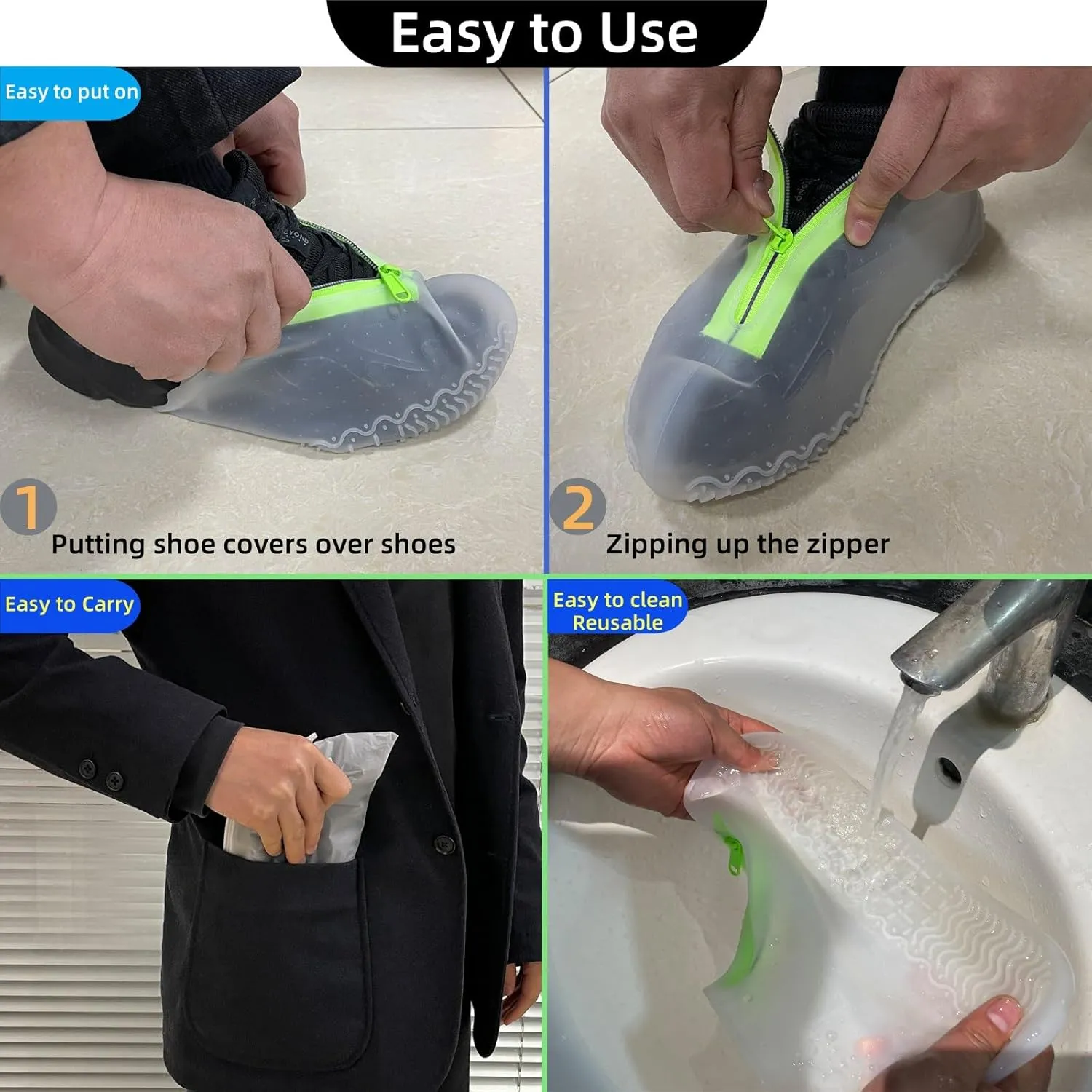 Waterproof Shoe Covers with Zipper,Reusable Silicone Rain Overshoes for Men & Women,Keep Shoes Dry in Rain,Snow,Mud (Zipper Clear, Medium)