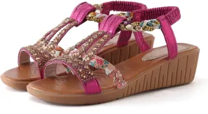 Wedge Sandals for Women,Comfortable Open Toe Sandal T-Strap Rhinestone Beaded Bohemia Beach Shoes Slip On Dressy Flat Sandals with Arch Support