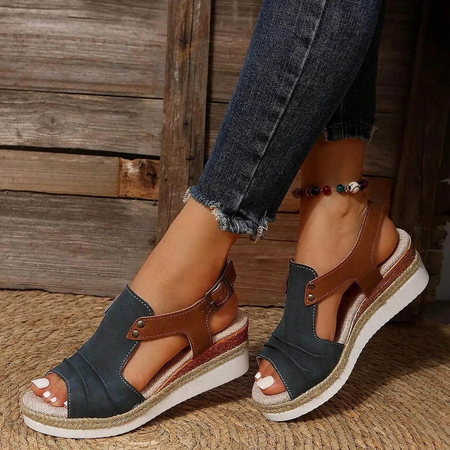 Wedge Sandals for Women,Espadrilles for Women Open Toe Ankle Strap Wedge Heels Sandals Platform Dressy Summer Sandals Wide Width Comfortable Orthopedic Sandals Casual