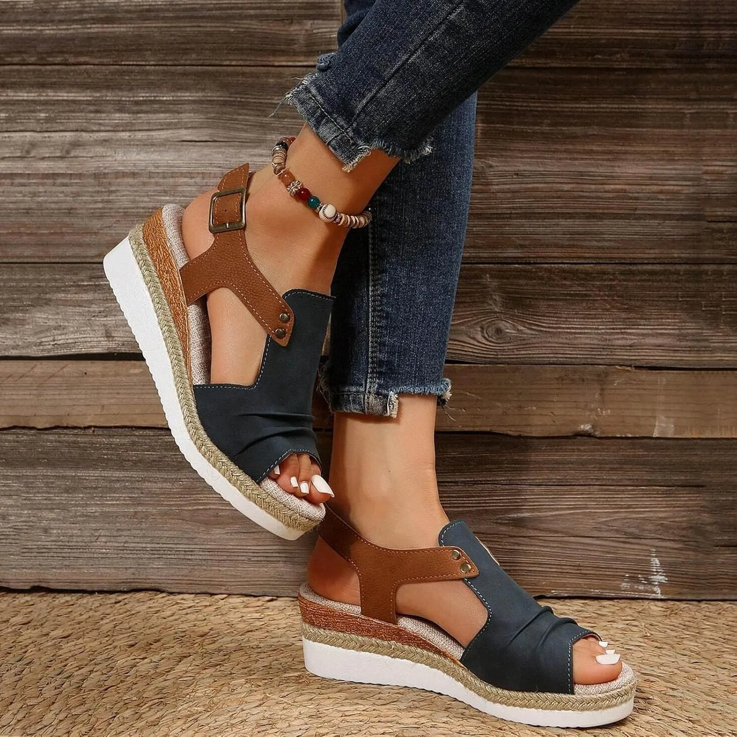 Wedge Sandals for Women,Espadrilles for Women Open Toe Ankle Strap Wedge Heels Sandals Platform Dressy Summer Sandals Wide Width Comfortable Orthopedic Sandals Casual