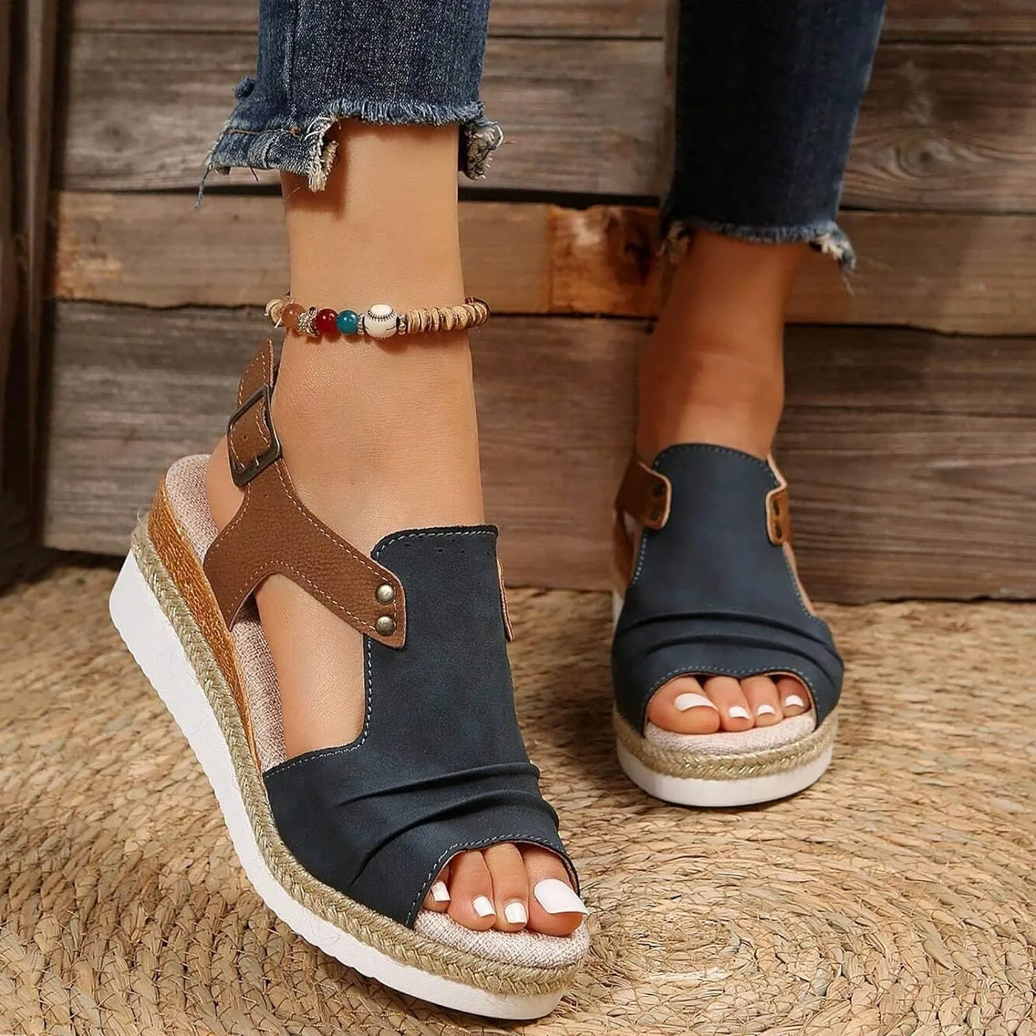 Wedge Sandals for Women,Espadrilles for Women Open Toe Ankle Strap Wedge Heels Sandals Platform Dressy Summer Sandals Wide Width Comfortable Orthopedic Sandals Casual