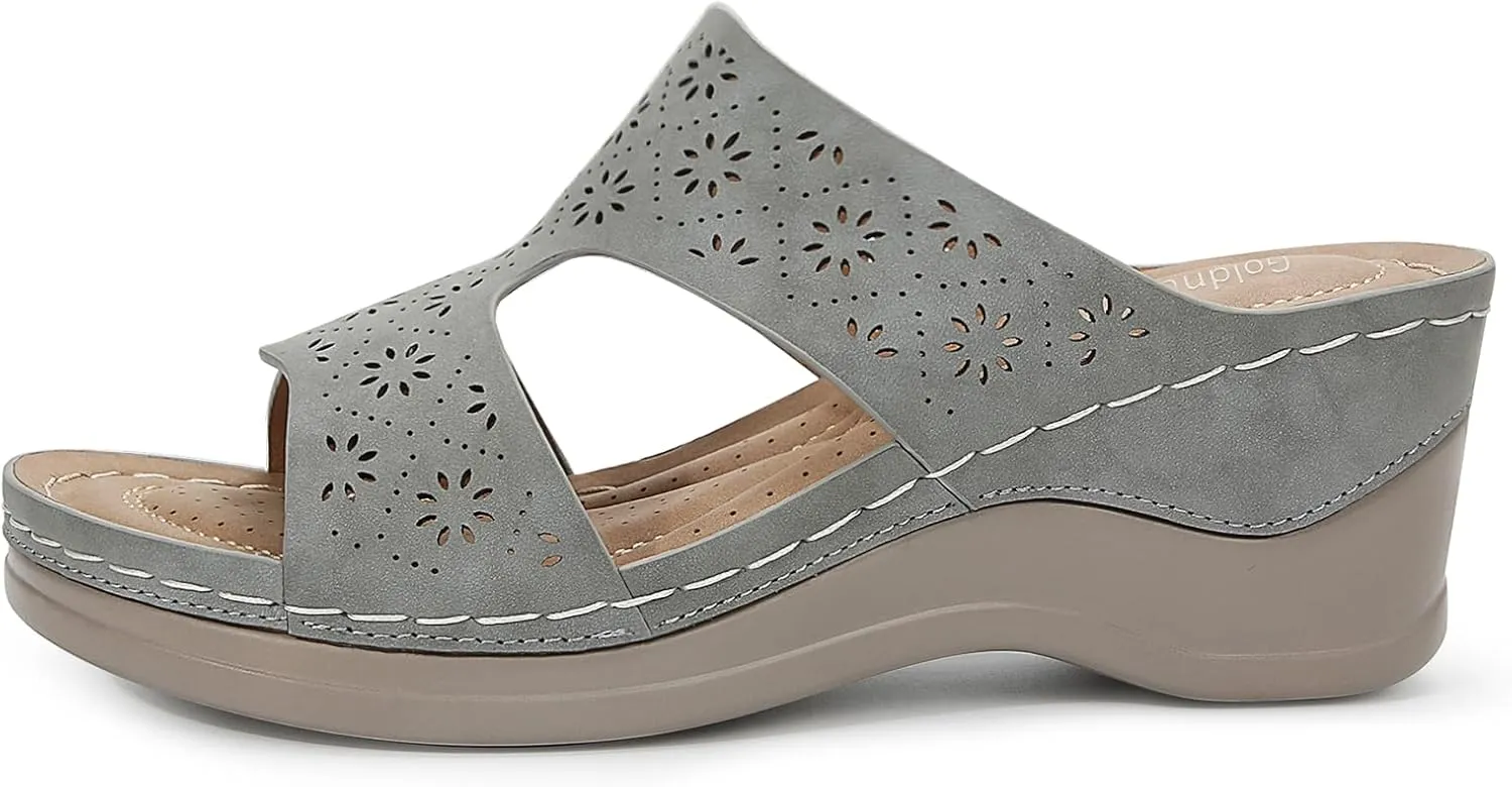 Wedges Sandals for Women Dressy, Flower Cut Out Platform Slides Sandal Comfort Low Wedge