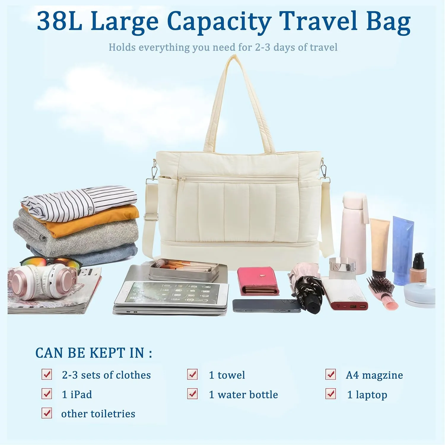Weekender Bags for Women, Large Capacity Carry On Duffle Bag with Shoe Compartment & Wet Pocket - TSA-Approved Personal Item Bag for Air Travel, Gym, Hospital, Water-Resistant Puffer Tote (Beige)