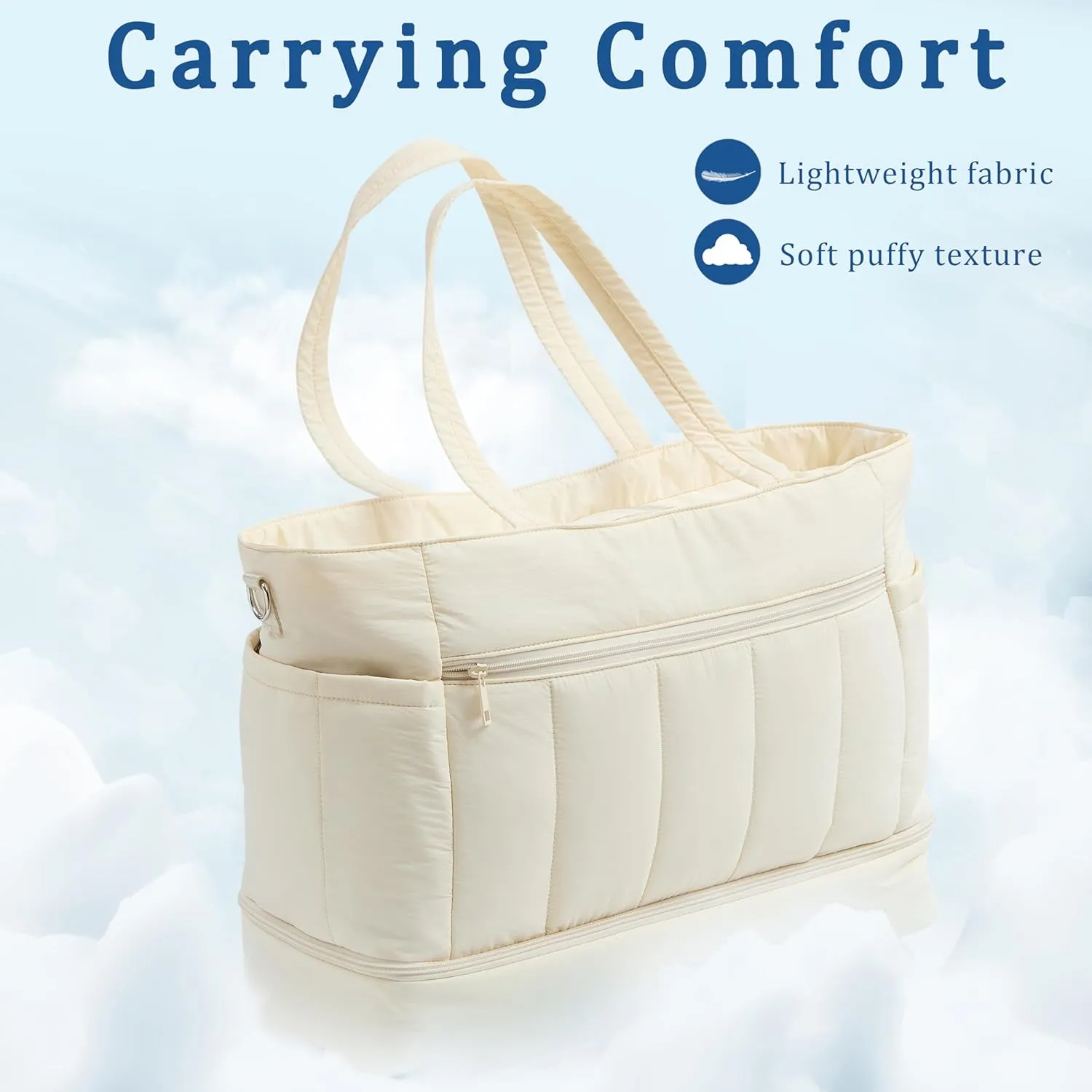 Weekender Bags for Women, Large Capacity Carry On Duffle Bag with Shoe Compartment & Wet Pocket - TSA-Approved Personal Item Bag for Air Travel, Gym, Hospital, Water-Resistant Puffer Tote (Beige)